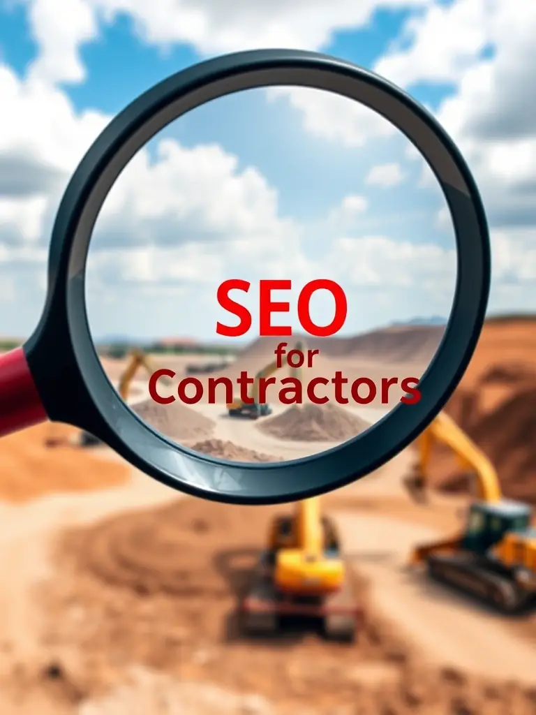 A black and red icon depicting a magnifying glass over a construction site, symbolizing SEO optimization for contractors.