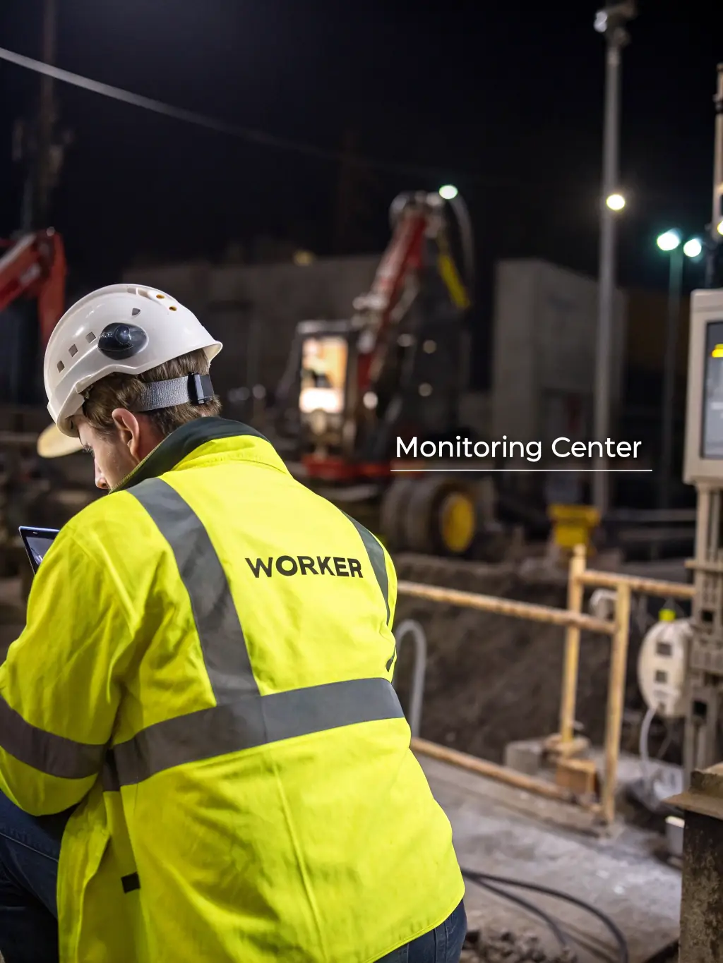 A close-up shot of a construction worker using a smartphone on a job site, with a subtle SEO graphic overlayed, symbolizing mobile-friendly SEO for contractors.